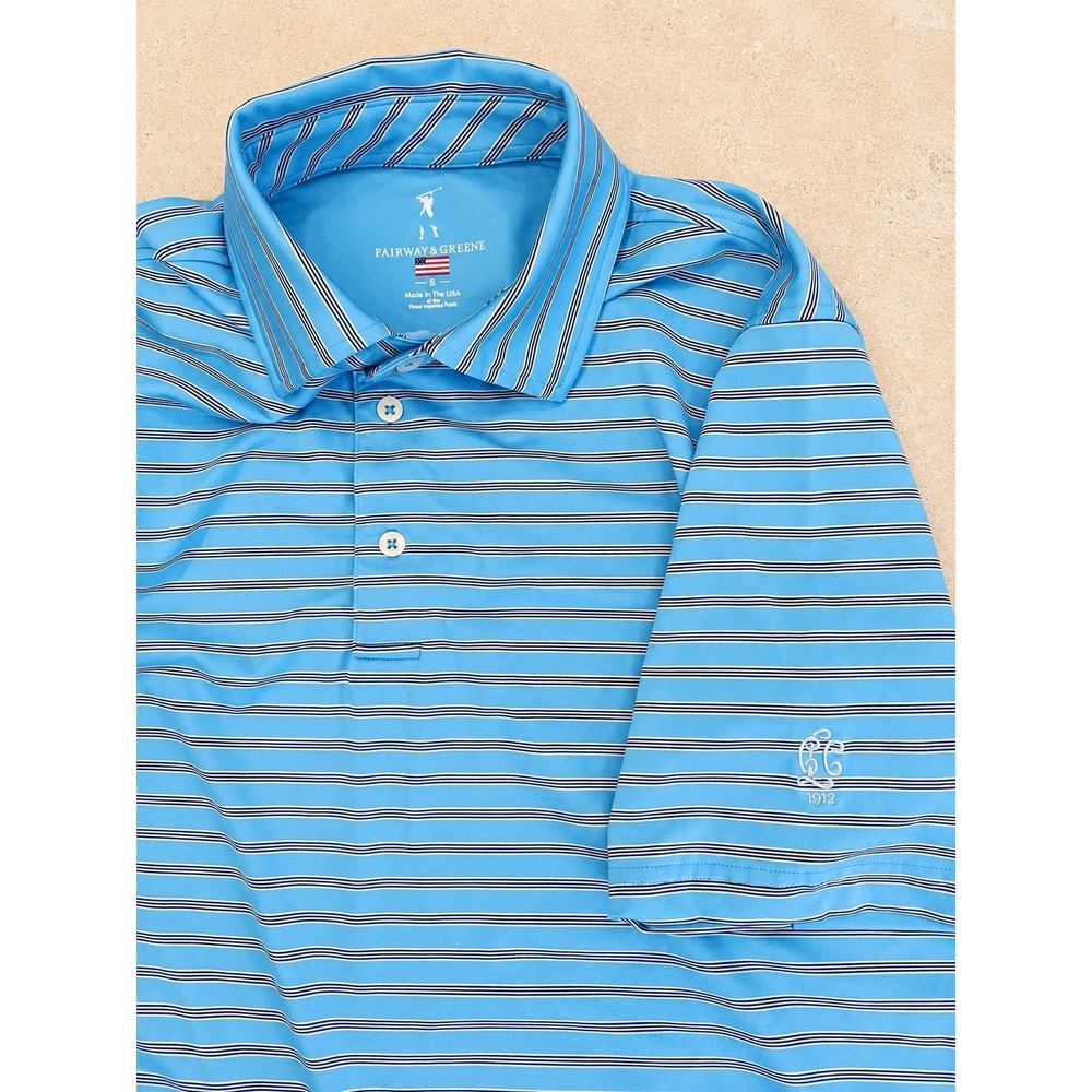 Fairway & Greene Performance Golf Polo Men's Small Blue Striped Short Sleeve